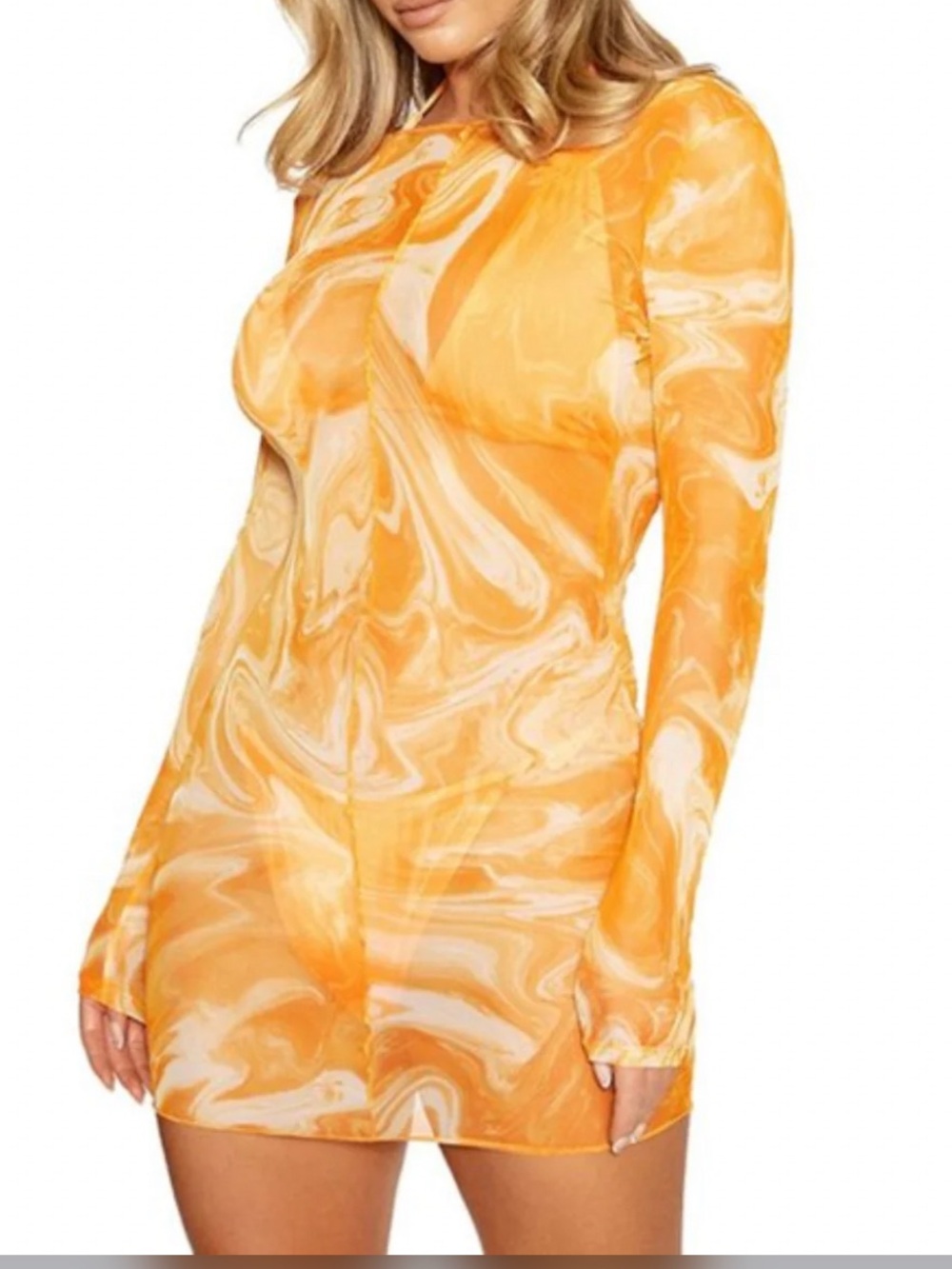 Naked Wardrobe Swim Sheer Mesh Mini Cover Up Dress Marble Swirl Orange XS
